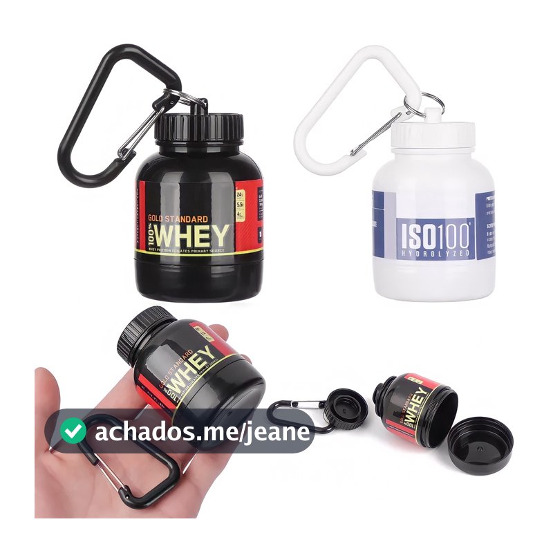 Chaveiro Porta Whey 100 ml – Dosador p/ Suplementos Whey Creatina Pré Treino (Preto/Branco)