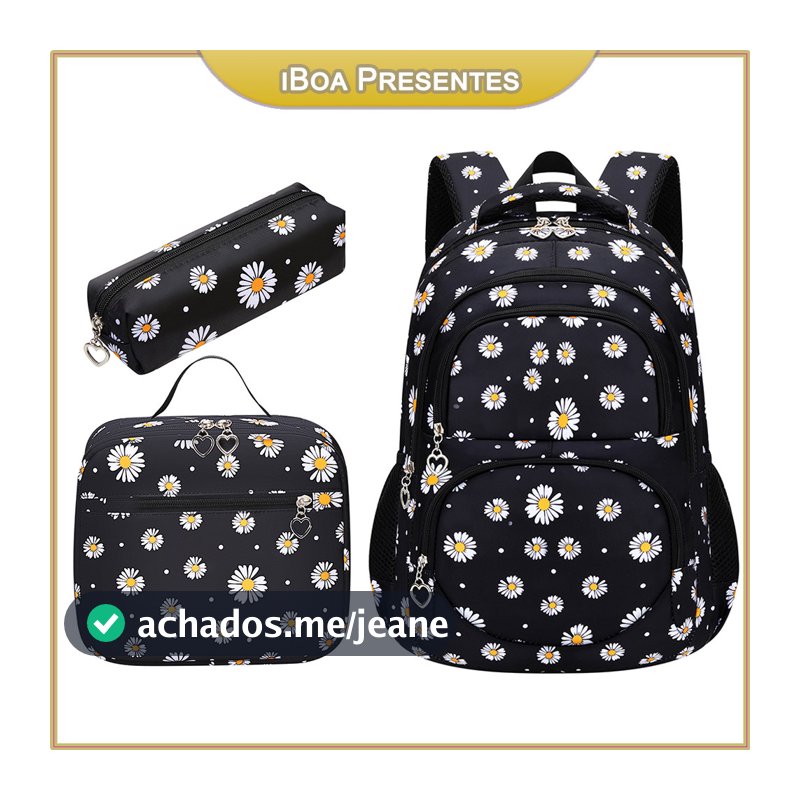 Mochila Feminina Impermeável De 3 Peças Com Estampa De Margaridas Bolsa Escolar De Grande Capacidade Mochila Escolar