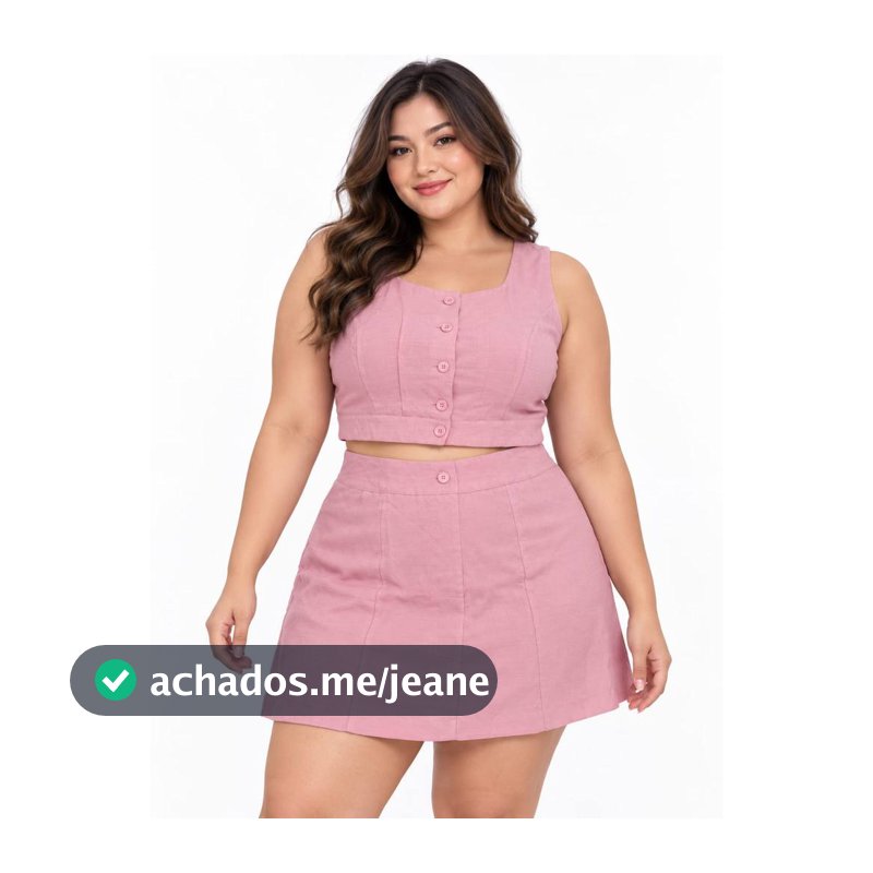Conjunto Cropped Regata Botões e Saia Short Plus Size Alfaiataria