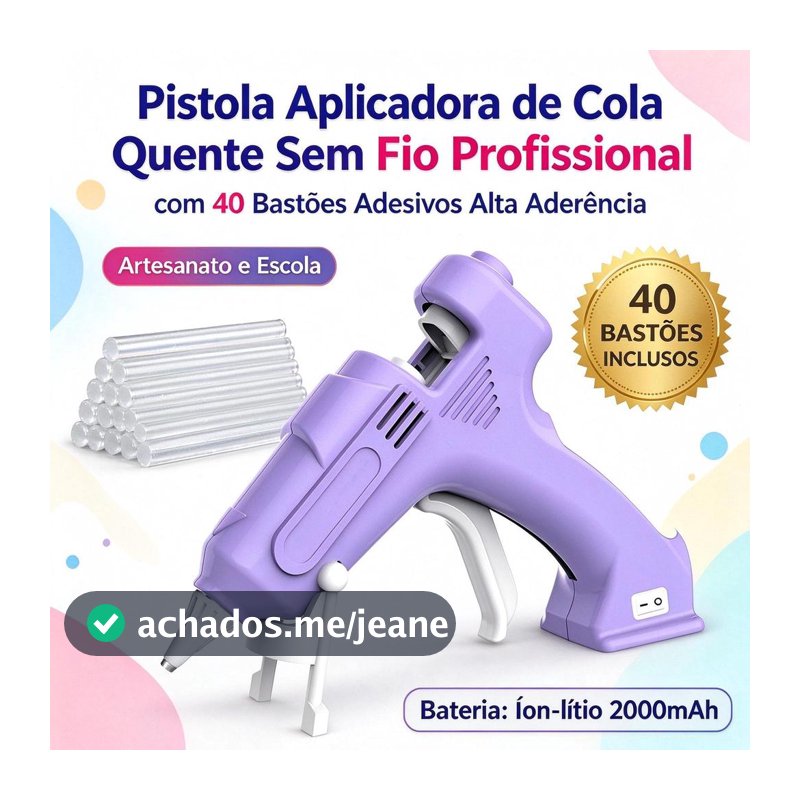 Pistola de Cola Quente Sem Fio Premium 7mm | 40 Bastões Adesivos | Bateria Íon-lítio 2000mAh