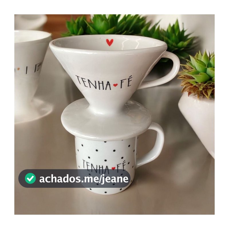 Kit Caneca 300 Ml Decorada + Coador De Porcelana Filtro Café Individual Frases