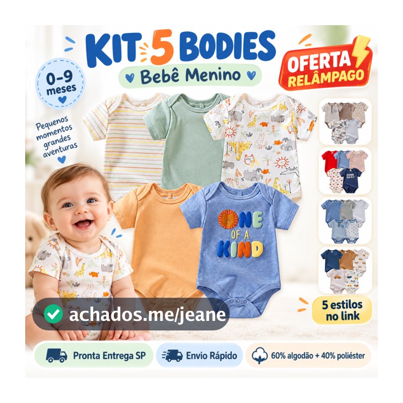 Kit 5 Bodies Bebê Menino Manga Curta Safari Listrado Roupa Infantil 60% Algodão 40% Poliéster 0 a 9 Meses São Paulo
