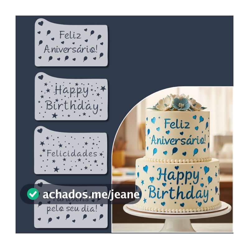 Kit 4 Stencil Moldes Carimbo Feliz Aniversário para Bolos Cupcakes Doces e Confeitaria Foundant