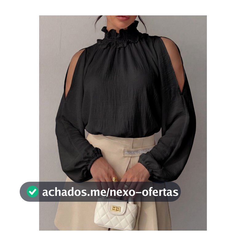 Blusa Feminina Bata Gola Alta Manga Longa Bufante Ombro Vazado Elegante Moda