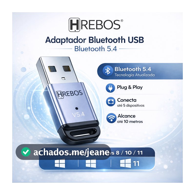 Adaptador Bluetooth USB 5.4 para PC Notebook Até 5 Dispositivos Simultâneos Win 8/10/11 Alcance 10m