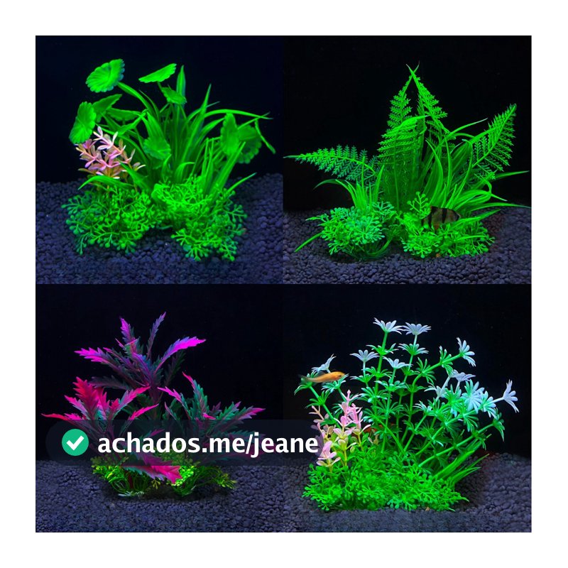 Decoração de aquário com várias plantas simuladas, plantas aquáticas e produtos decorativos para aquários.