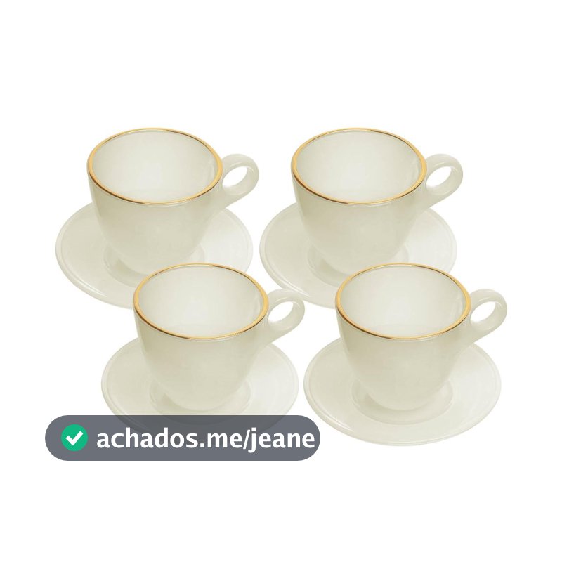 Conjunto 4 Xícaras de Vidro 170ml com Pires Milky Branca Fio de Ouro Wolff para Café Chá Mesa Posta Elegante Sofisticado
