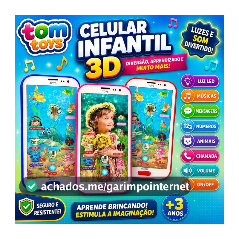 Brinquedo Celular Infantil Musical Sons Com imagem 3D Smartphone Para Criança Infantil Interativo Touch 3D