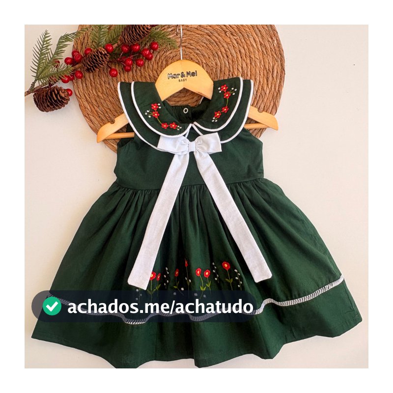 Vestido verde infantil bordado Natal menina festa casamento