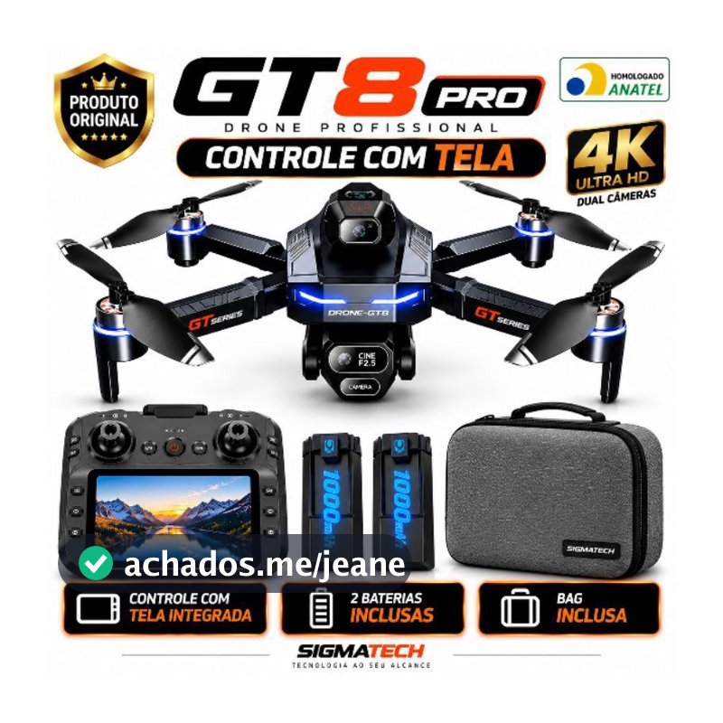Drone GT8 Pro 4K Controle com Tela Integrada 2 Baterias Motor Brushless Bolsa Alcance 100m Câmera HD