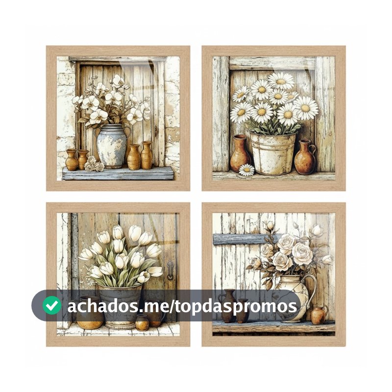 Kit 4 quadros 18x18 cm, banheiro, varanda, flores vaso, wood
