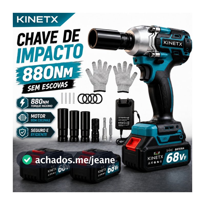 Chave de Impacto KINETX Sem Escova 68VF 880Nm 2 Baterias Com Acessórios Completos 3 e 1 Furadeira e Chave Inglesa Bivolt