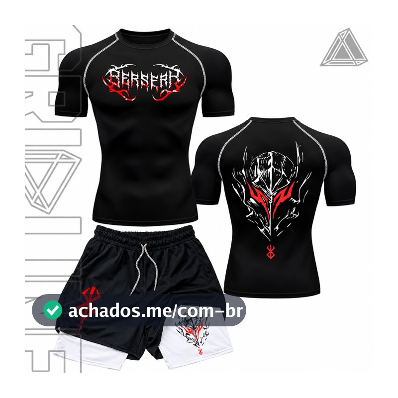 Kit Camiseta Compressão e Short compressão 2 Em 1 Anime Manga Bersek Cavaleiro Designer Gym Dark Mode