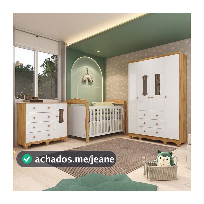 Quarto de Bebê Completo Berço 3 em 1, Cômoda, Guarda Roupa MDF Aurora Espresso Móveis Branco/Amêndoa Branco