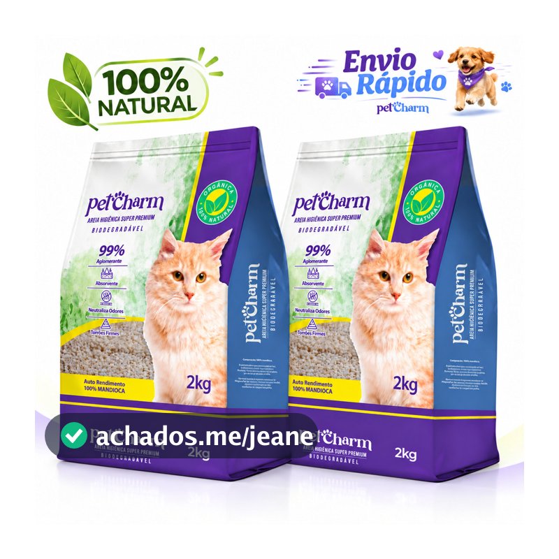 Areia Higiênica para Gato Pet Charm Mandioca Biodegradável Sustentável Controle de Odor 2kg ou 4kg