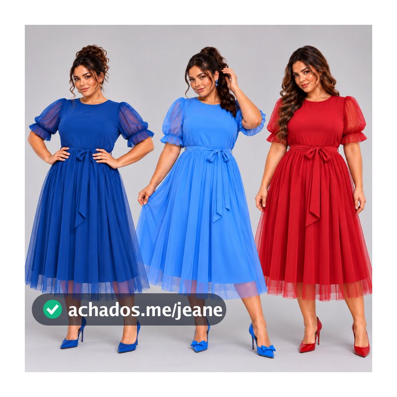 Vestido Plus Size Moda Cristã Midi Godê Tule Elegante Festa Casamento Manga Princesa Bufante Luxo