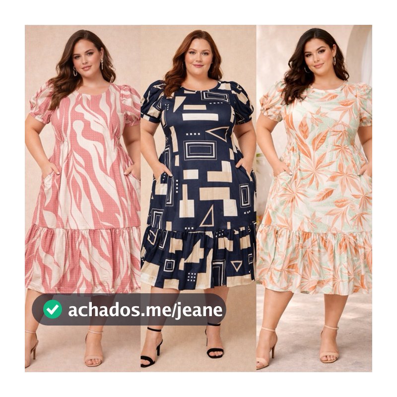 PLUS SIZE Vestido estampado veste 46 ao 54 geométrico reto babado midi manga curta tamanho grande
