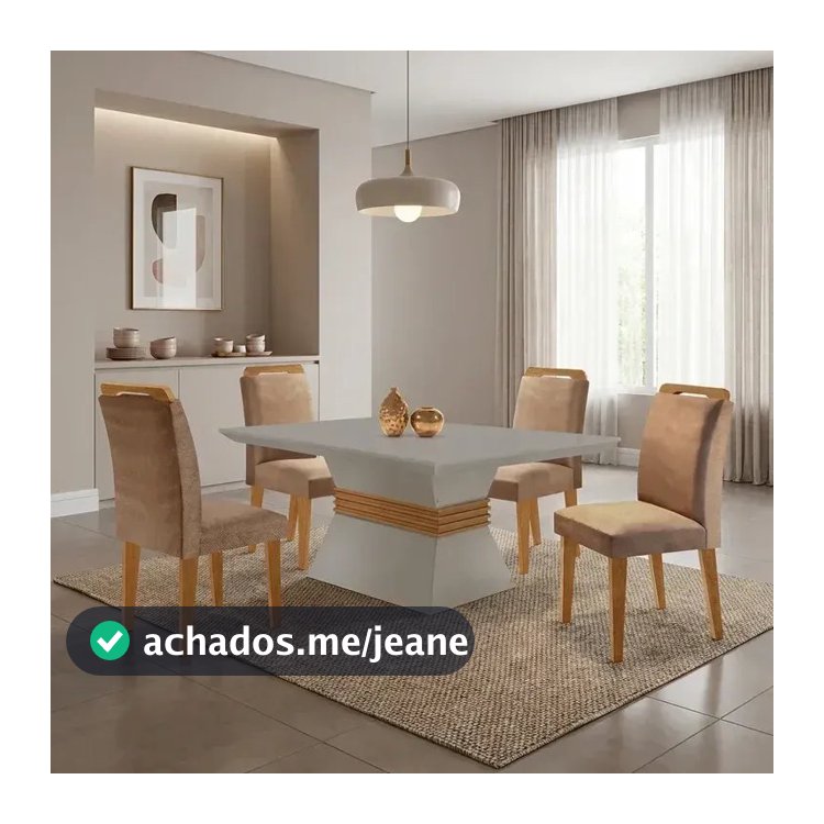 Conjunto Sala de Jantar Mesa e 4 Cadeiras Estofadas em MDF Suede Santorini Bege e Marrom Yescasa Animalle Chocolate/Off