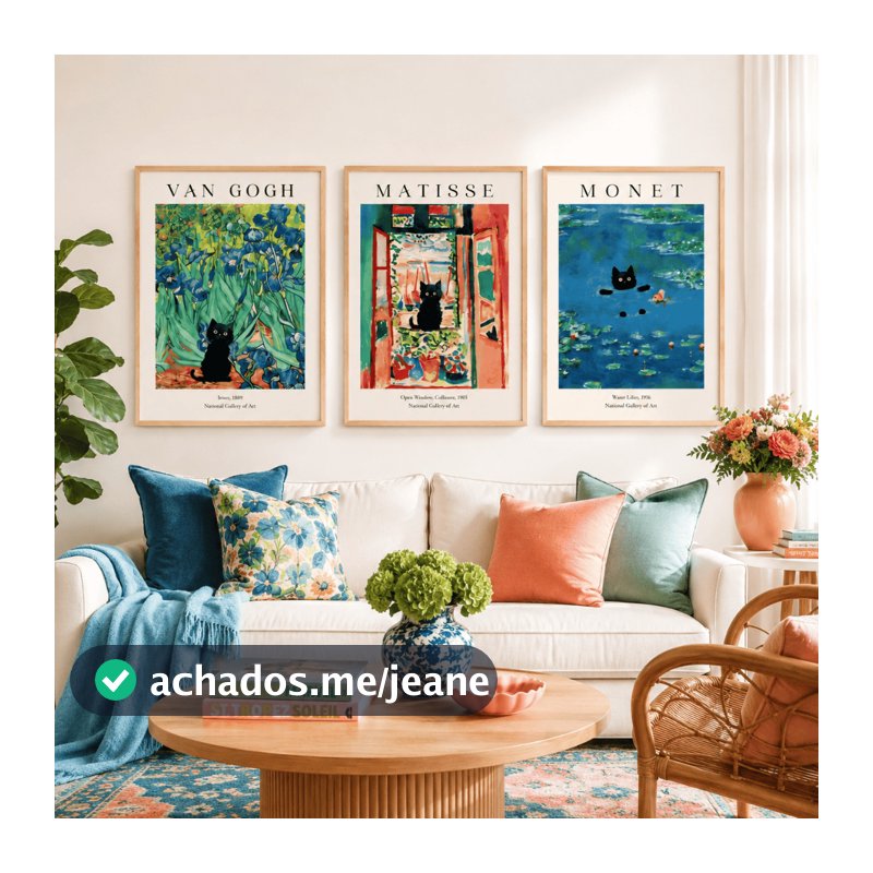 Quadro decorativo 3 peças Matisse colorido Gato abstrato decoraçao quarto sala