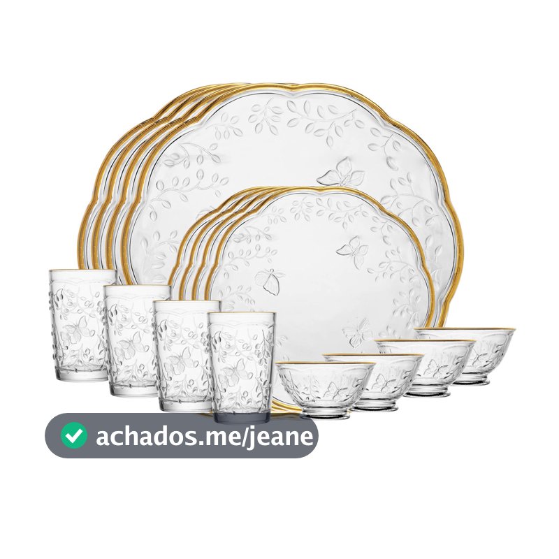 Jogo de Jantar 16 peças New Butterfly com Fio de Ouro Cristal Ecológico - Lyor