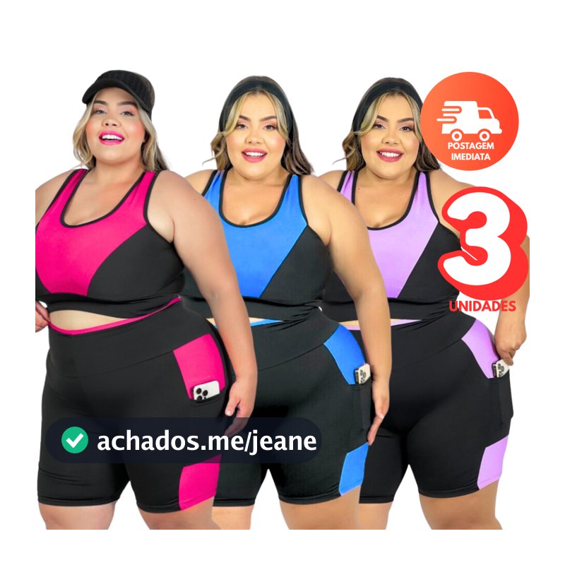 Kit 3 Conjuntos Fitness Plus Size 40 ao 54 Top + Short com Bolso Curves feminino