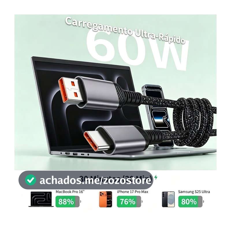 Cabo USB para Tipo‑C 1 Metro Trançado Preto e Branco Carregamento Rápido