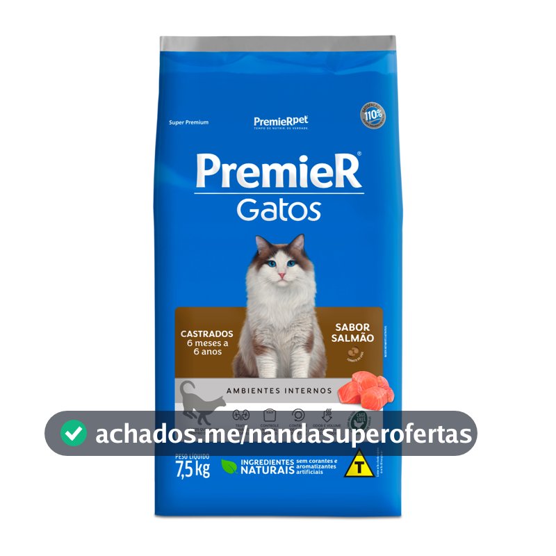 Ração Premier Gatos Castrados de 6 Meses á 6 Anos Salmão 7,5kg