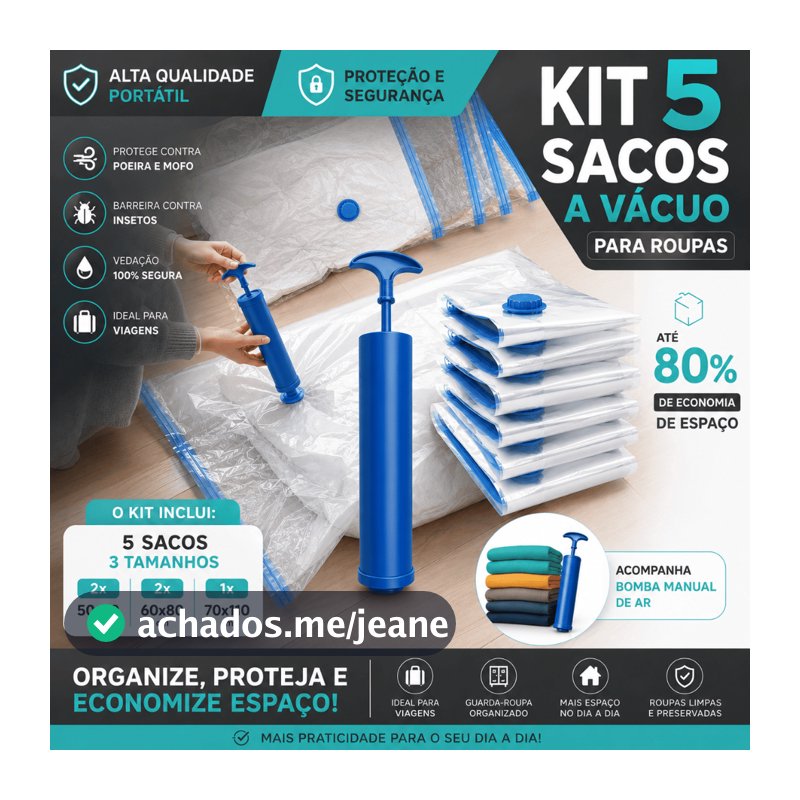 Kit 5 Sacos a Vácuo Para Roupas Com Bomba Manual | Organização de Mala, Viagem e Guarda-Roupa - CHAI