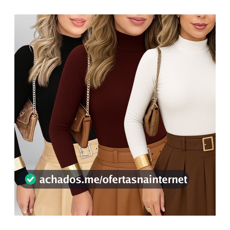 KIT 3 Blusas Feminina Manga Longa Cacharrel Confortável Básico Gola Alta