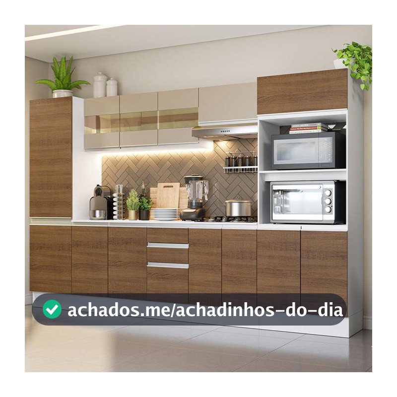 Armário de Cozinha Completa Madesa Smart 100% MDF 300 cm com Balcão e Tampo - Branco/Rustic