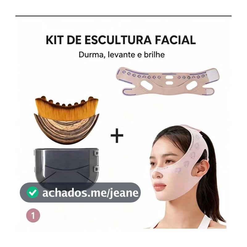 Kit Escultura Facial Máscara Lifting V-line + Escova de Massagem em Madeira, Acessórios para Drenagem e Contorno Facial