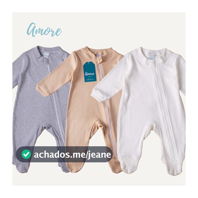 Kit 3 Macacão Bebê Amore Pezinho com Zíper Neutro 100% Algodão