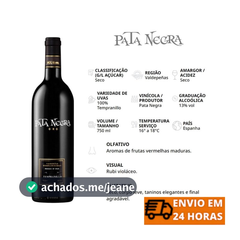 Vinho Tinto Espanhol Pata Negra Oro Tempranillo 750ml