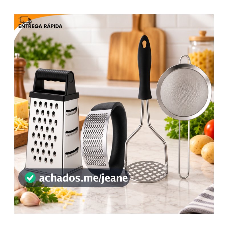 Kit Cozinha Prática 4 Peças Inox Amassador de Alho e Batata, Ralador e Peneira