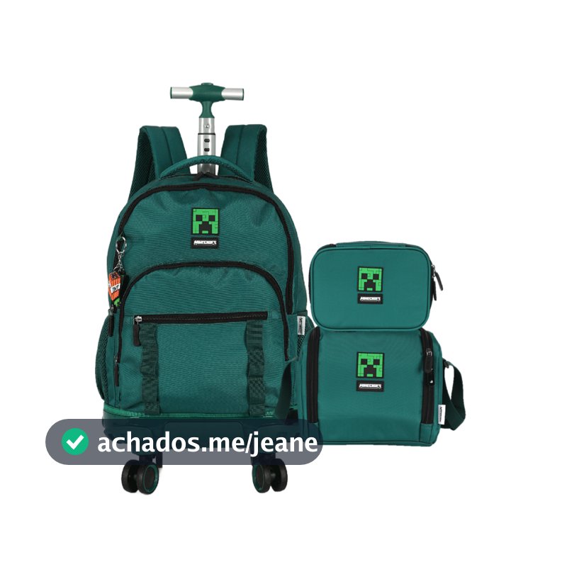 Kit Mochila Escolar de Rodinhas Minecraft Creeper com Lancheira e Estojo - Luxcel