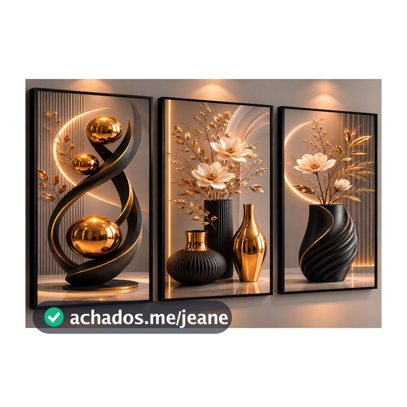 Kit De Quadros Decorativos 3 Peças Para Sala Quartos Vasos Pretos e Dourados Flores Modernas Delicadas (VP)
