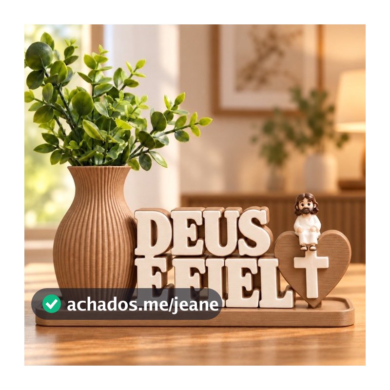 Kit Decorativo Deus é Fiel com Mini Jesus Vaso Canelado e Coração