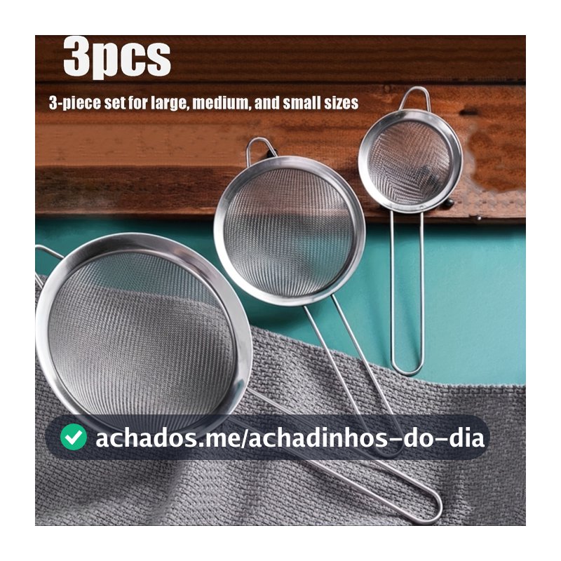 Kit 3 Peças Peneira Coador Em Aço Inox Para Cozinha - 3 Tamanhos P M G 8/10/12 cm