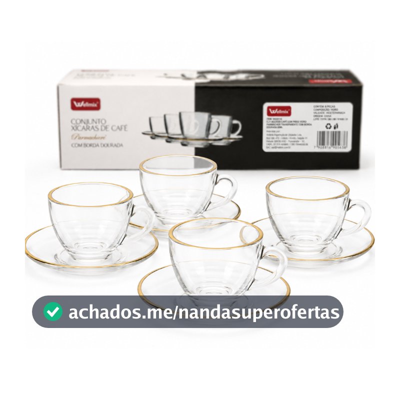 Jogo 4 Xícaras de Vidro Clássica com Pires e Borda Dourada 90ml Premium