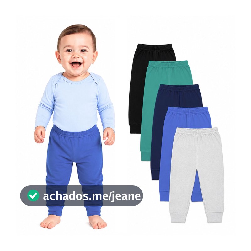 Kit 5 Calças Bebê e Infantil tipo Mijão Meia Estação, Calça Pijama, 100% Algodão, Cores Menino
