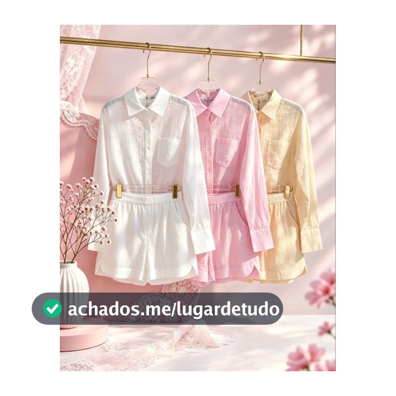 Conjunto em linho importado camisa e short com forrado casaul elegante para seu looks coreção novo em verão