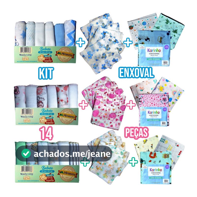 Kit Bebe Infantil 14 Peças 6 Paninho de Boca 5 Fralda de Pano 3 Cueiro Flanelado 100% Algodão Enxoval de Bebê