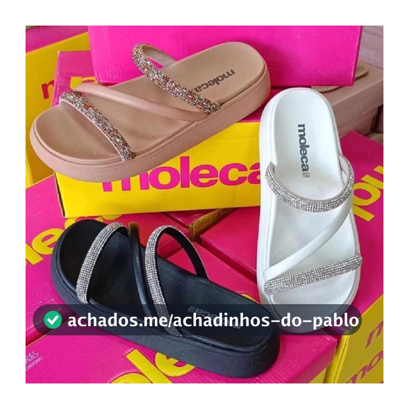 Sandália Feminina Papete Moleca Brilho Pedrinhas Strass Tendência Original Rasteirinha Moda Verão