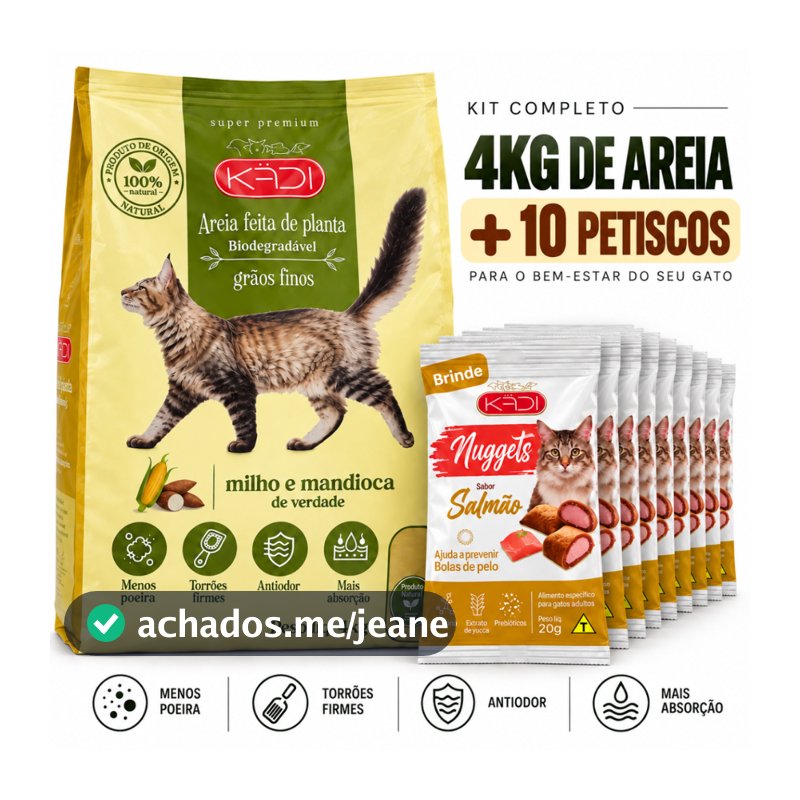 Areia Gato Milho e Mandioca 4kg + 10 Petisco 20g Sabor Salmão