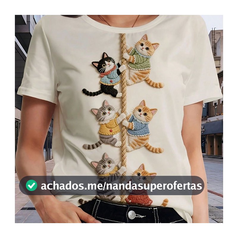 Camiseta Feminina Manga Curta Estampa GATINHO FOFO Subindo Corda Camisa Blusinha