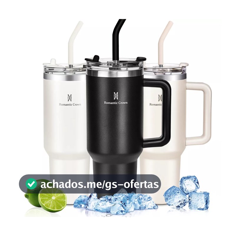 ROMANTIC CROWN Copo Térmico Inox 600ml/1.2L com Tampa Hermética e Canudo Anti Vazamento de Aço Inoxidável