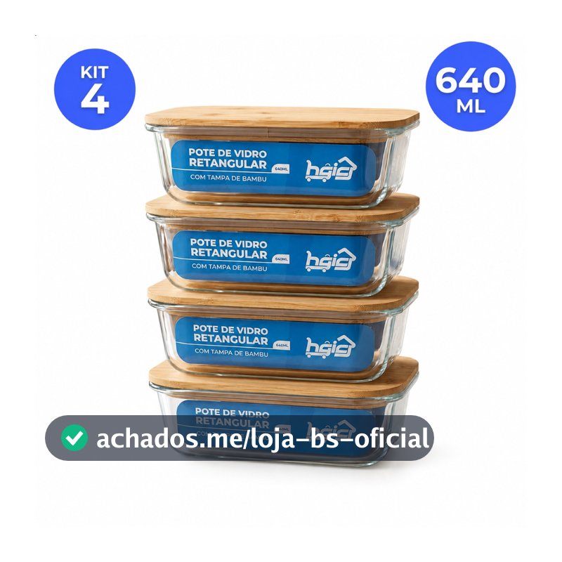 Kit 4 Potes de Vidro Herméticos 640ml Tampa de Bambu Retangular Marmita Forno Micro-ondas Freezer