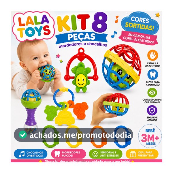 Kit 8 peças Mordedor para Bebe Sensorial Macio com Chocalho