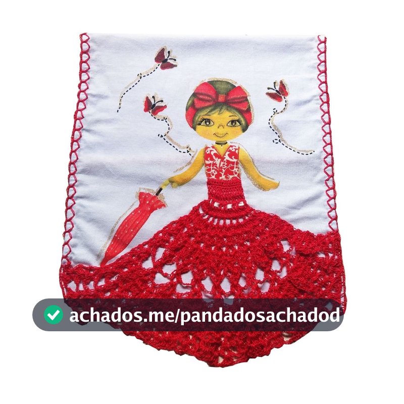 Pano de Prato de Boneca com Saia de Crochê Vermelha e Caseado em Crochê - Cozinha, Casa & Decoração