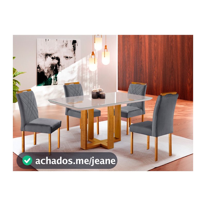 Conjunto Sala de Jantar Olimpia Lisy Mesa e 4 Cadeiras Madeira Maciça e Tecido Veludo Móveis Mundial